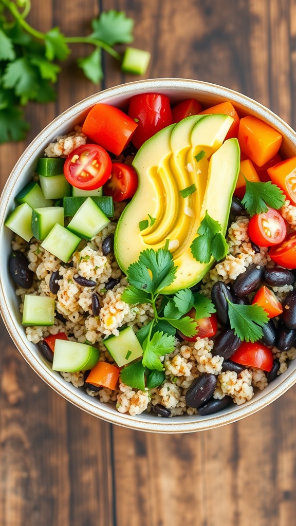 A colorful vegan quinoa bowl with quinoa, tomatoes, cucumber, bell pepper, black beans, and avocado on a wooden table.